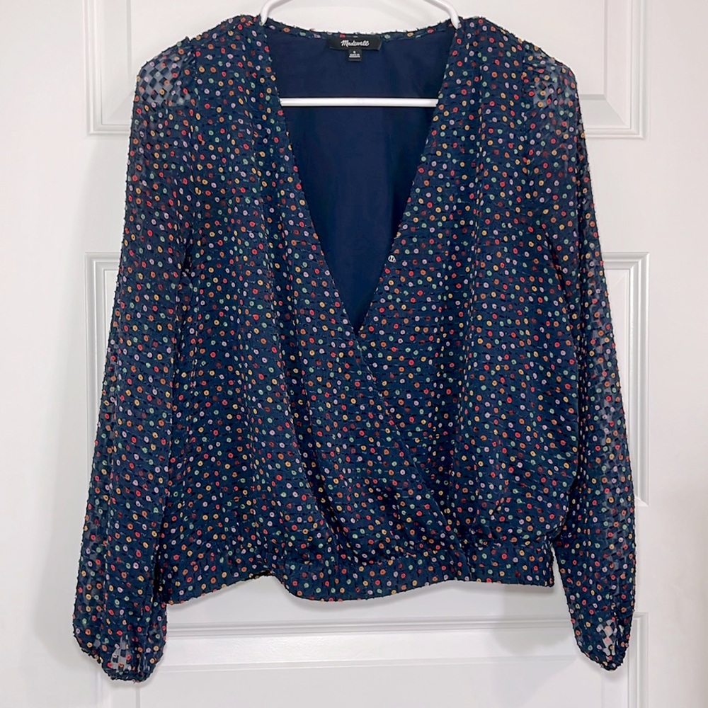 Madewell Lyric Wrap Top in Sugar Dot confetti.dark Knightfall. Size S.